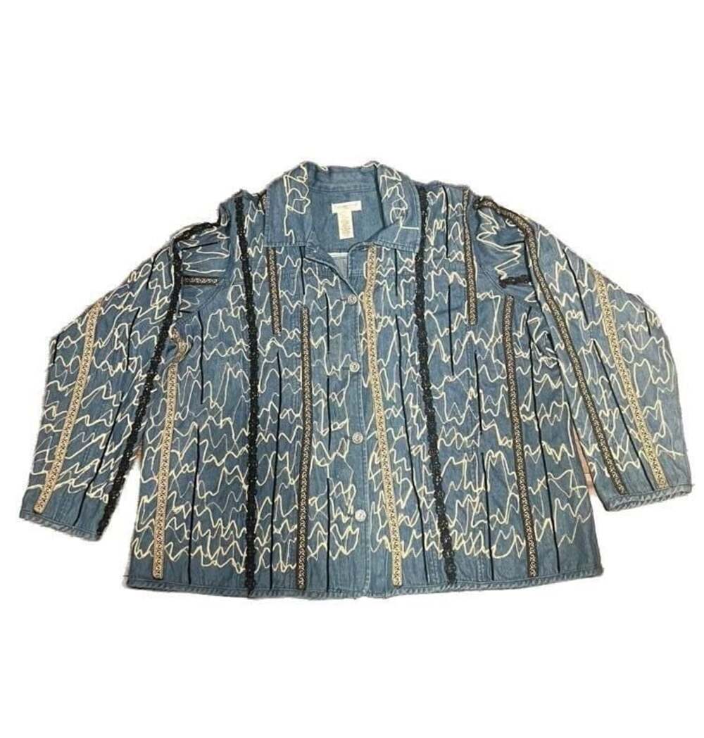 Coldwater Creek Blue Denim Embroidered Zigzag Pattern Jacket with Trim